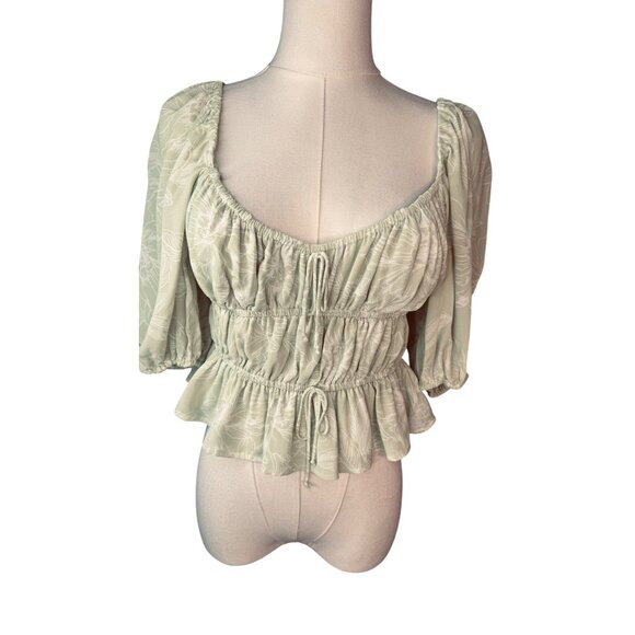 NWT WAYF Womens Medium Pistachio Green Floral Smocked Crop Top Elastic Waist - Picture 7 of 13